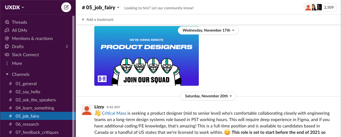 A screenshot of the #jobfairy channel in the UXDX slack channel.