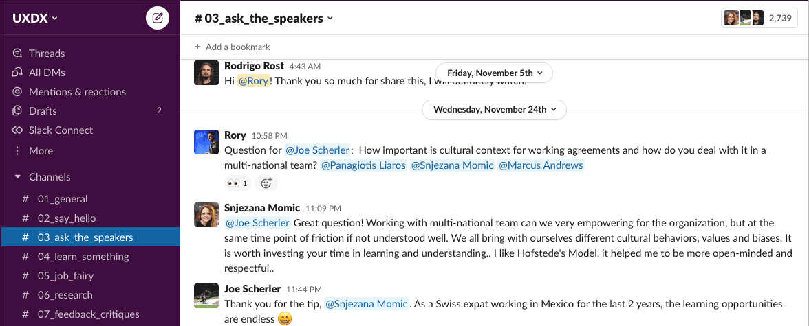 A screenshot of the #askthespeakers channel in the UXDX slack channel.